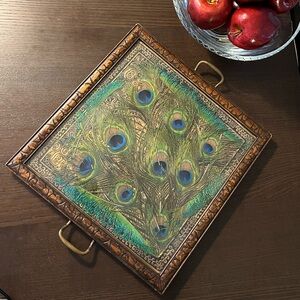Vintage Peacock Feather Serving Tray – Brass Handles, Glass Top